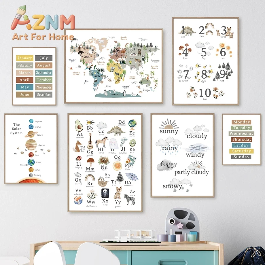 Kids Education Number - 教育用、幼児向け、アルファベット、数字、太陽系、天気、壁掛けアート、キャンバス絵画、ポスター、壁飾り、ベビー・キッズルームの装飾